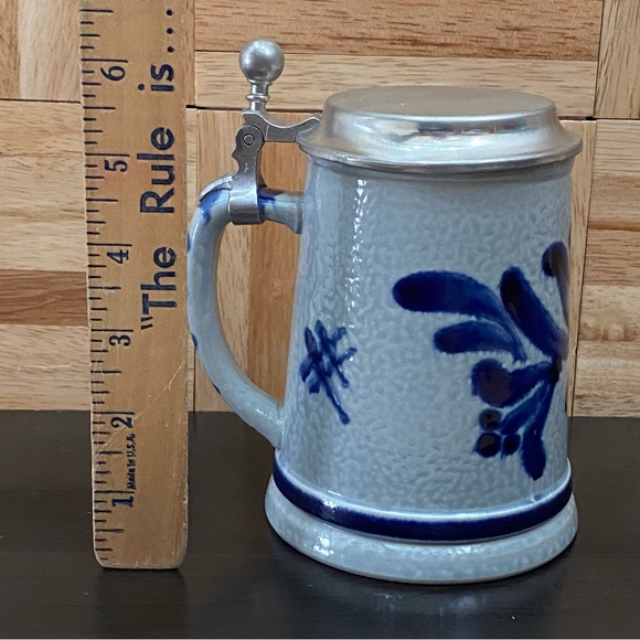 Vintage REIN ZINN 0.5L Blue & White German Stoneware Beer Stein Pewter Mug - Picture 8 of 14